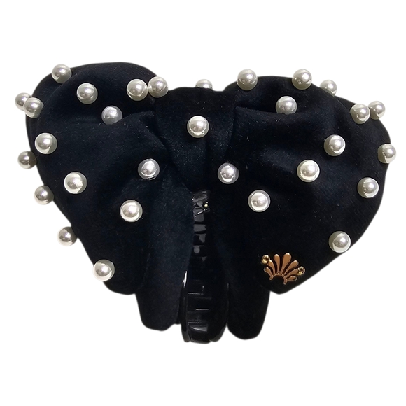 Lele Sadoughi Pearly Velvet Simone Bow Clip Black Pearl Embellished Claw Clip - Picture 1 of 6